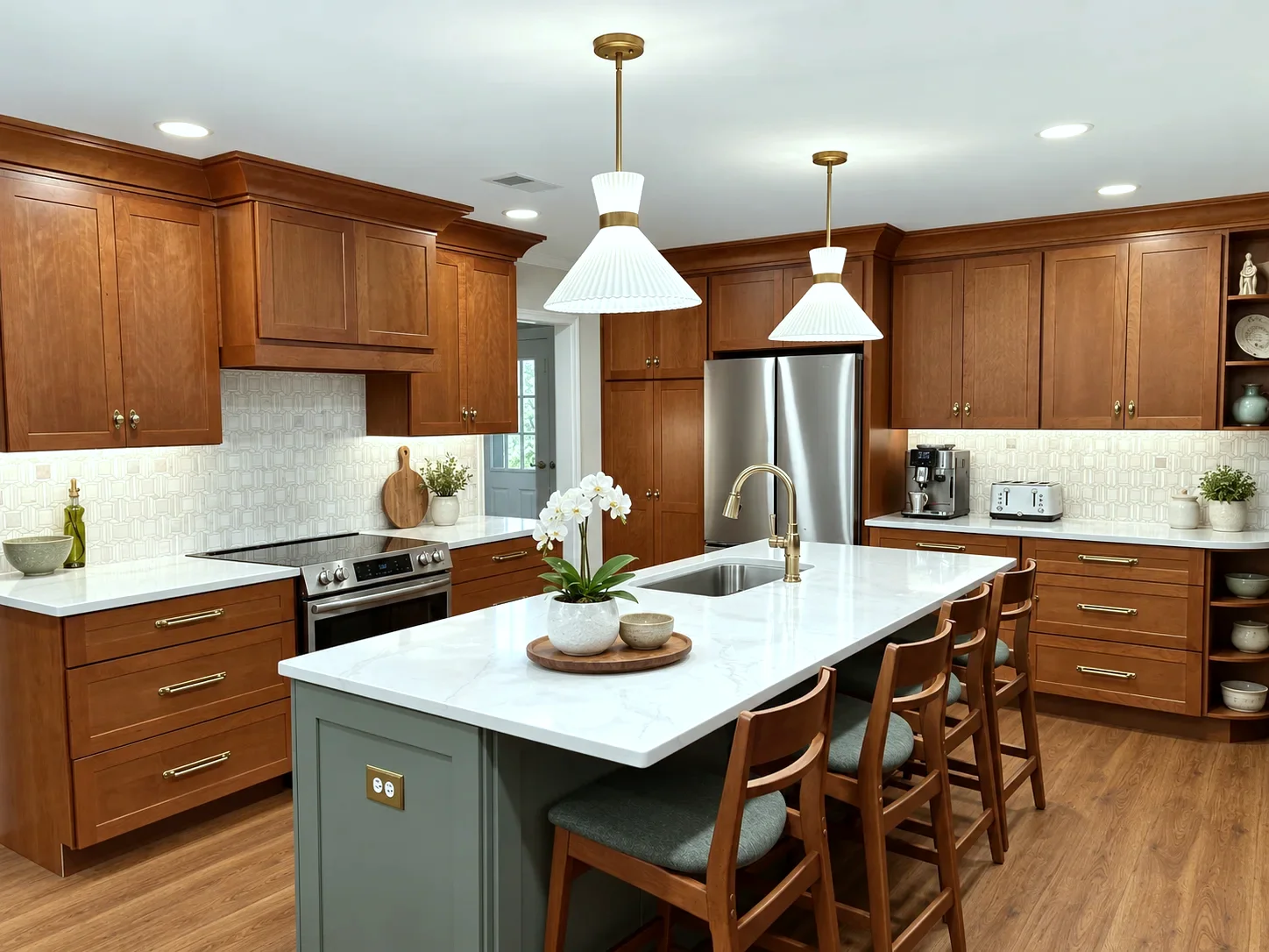 Ayzal painted island with quartz top, brass faucet and cone pendants in an Ugg on cherry kitchen, Georgia