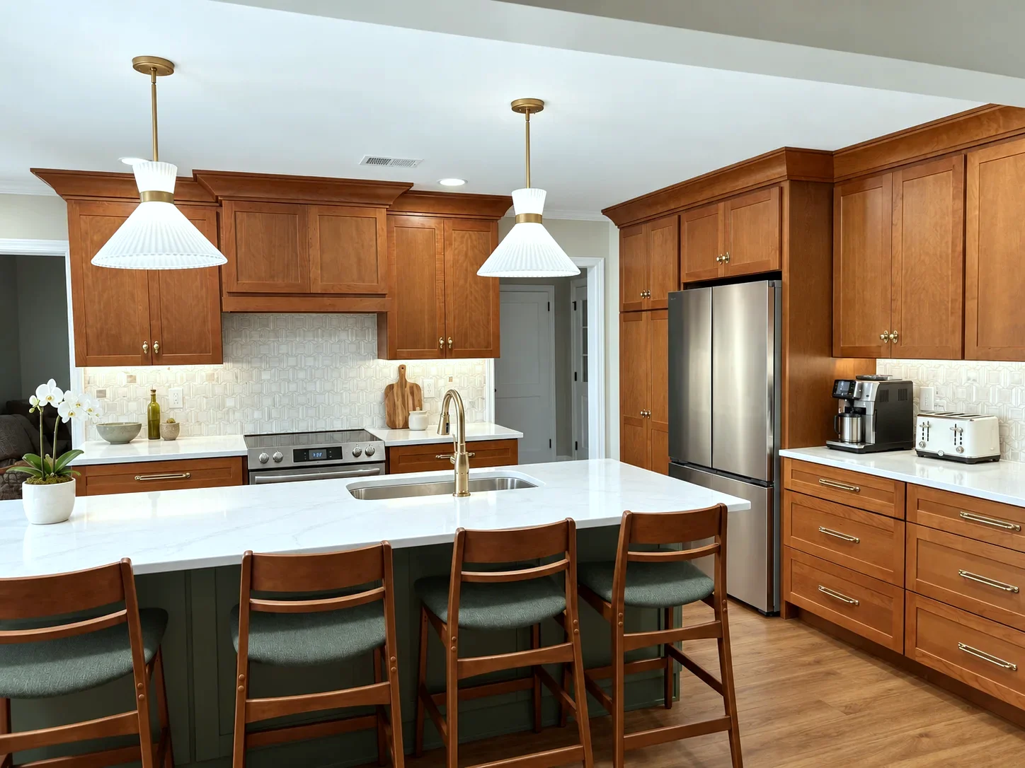Georgia remodel kitchen with Ugg stained cherry cabinets and Ayzal green island