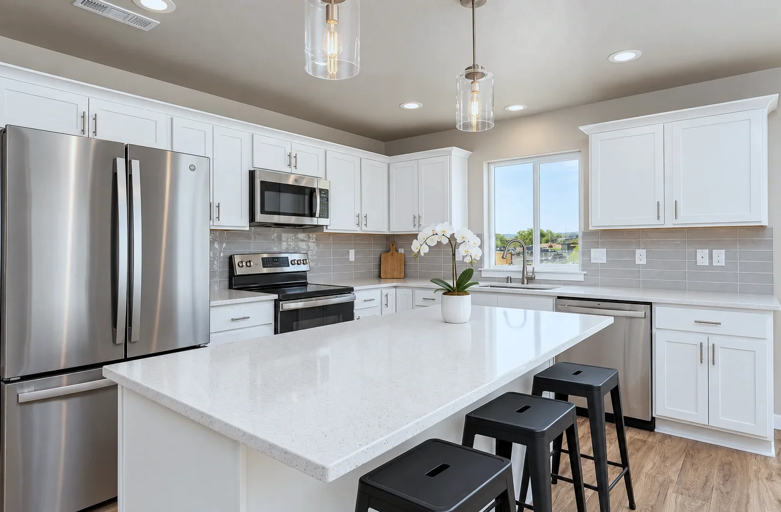 Kennewick WA spec home kitchen with Bristol doors in Alabaster and quartz island