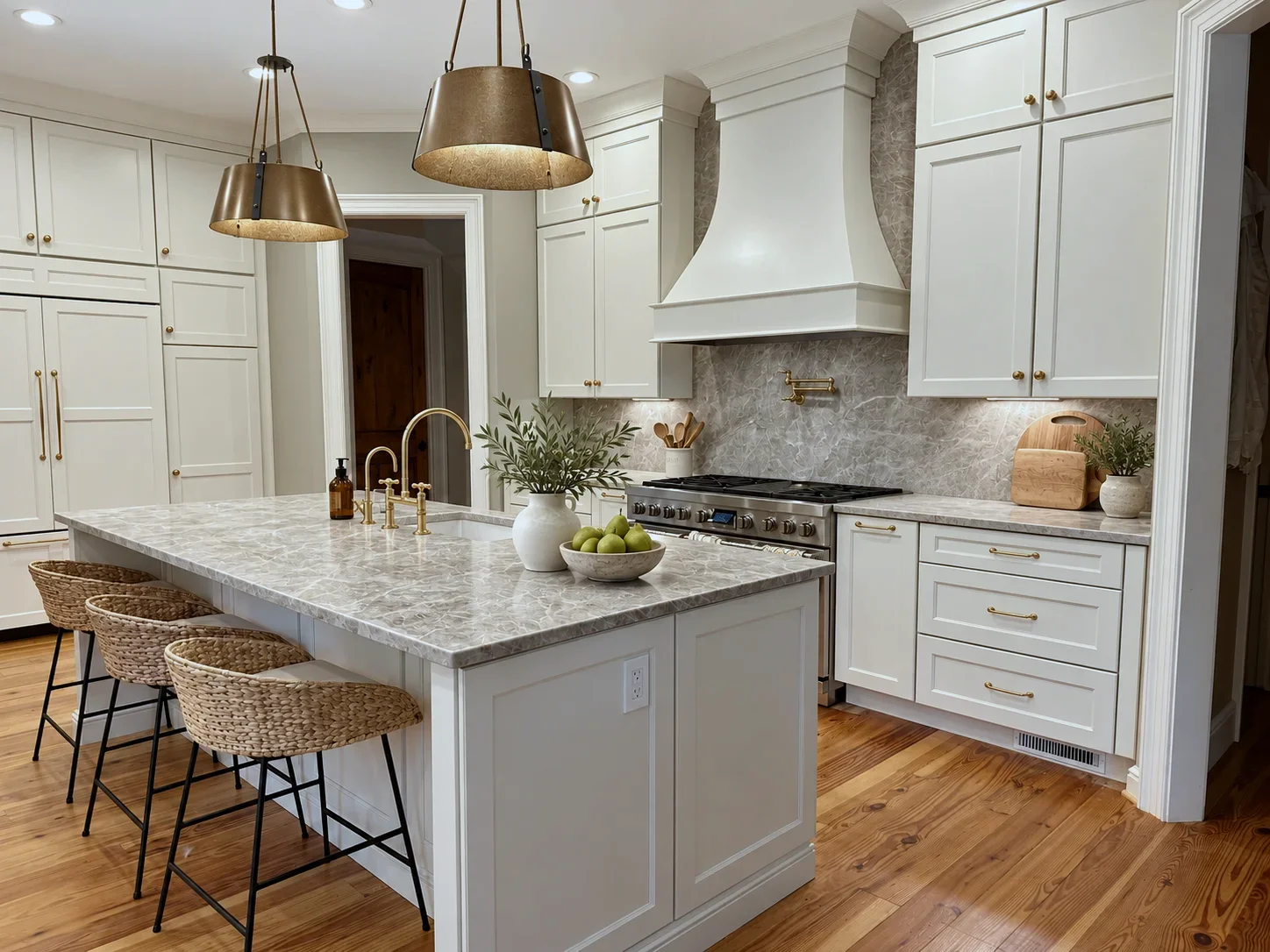 NC Remodel kitchen with Awe painted Manchester doors, curved hood and quartzite island
