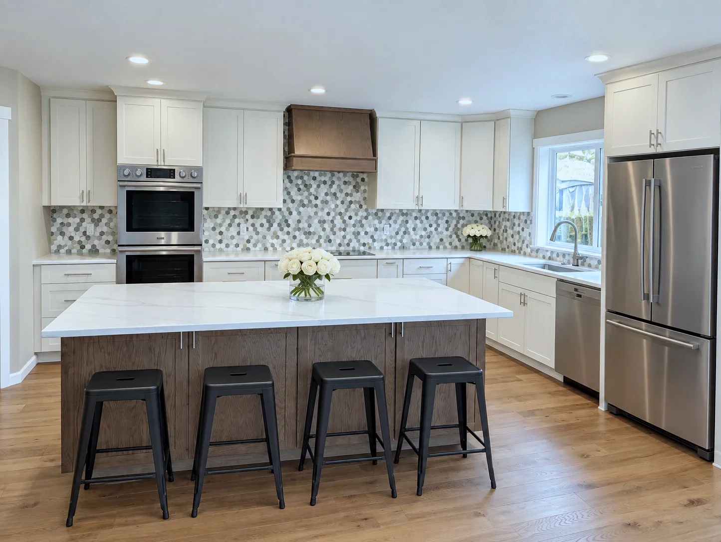 Nowell Oregon remodel kitchen in Blond with Element on Oak island and hood