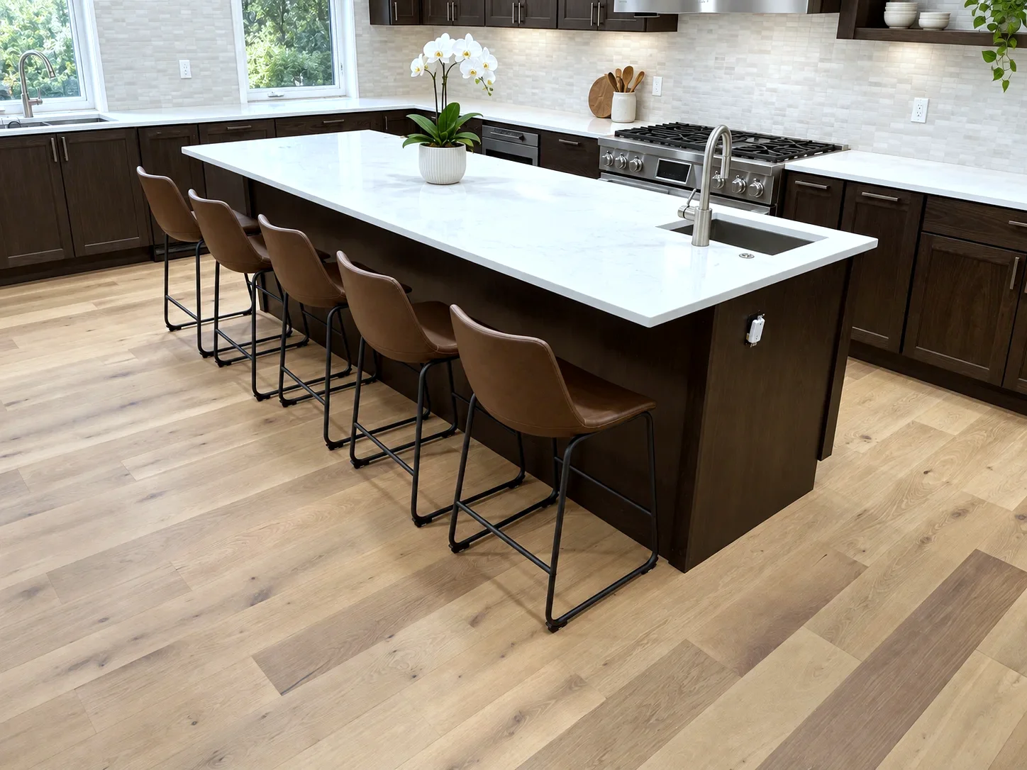 Quartz island with seating for five and Nocturnal stained oak Evereve cabinets, NW Portland Oregon