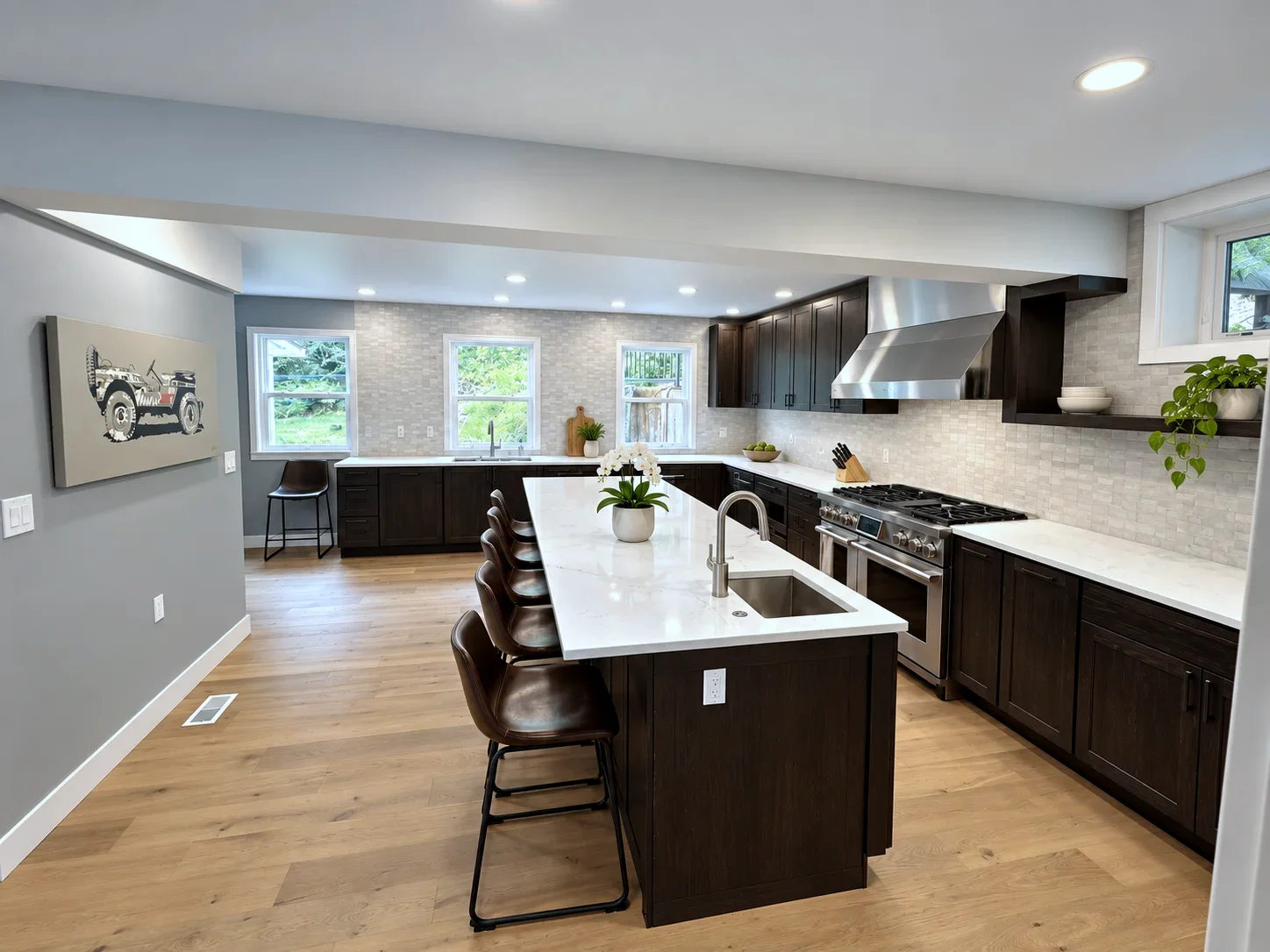 NW Portland Remodel kitchen with Nocturnal stained oak Evereve cabinets and quartz island