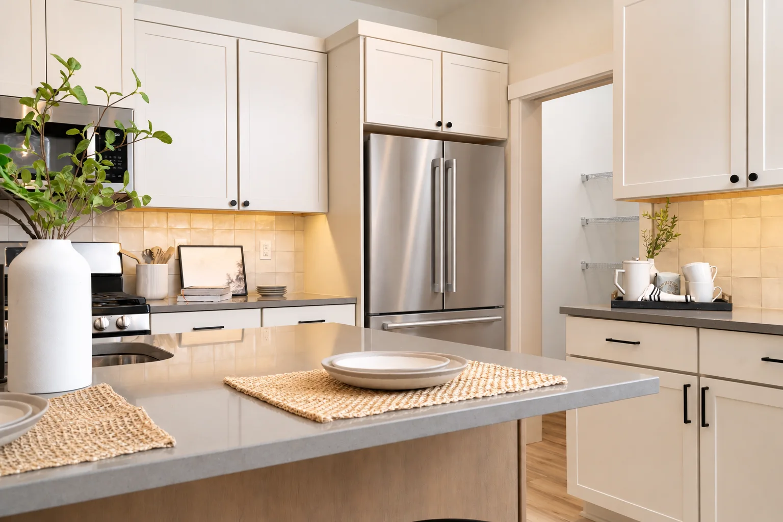 Kitchen run with stainless fridge, under cabinet lighting and Blond Evereve doors, northwest Washington