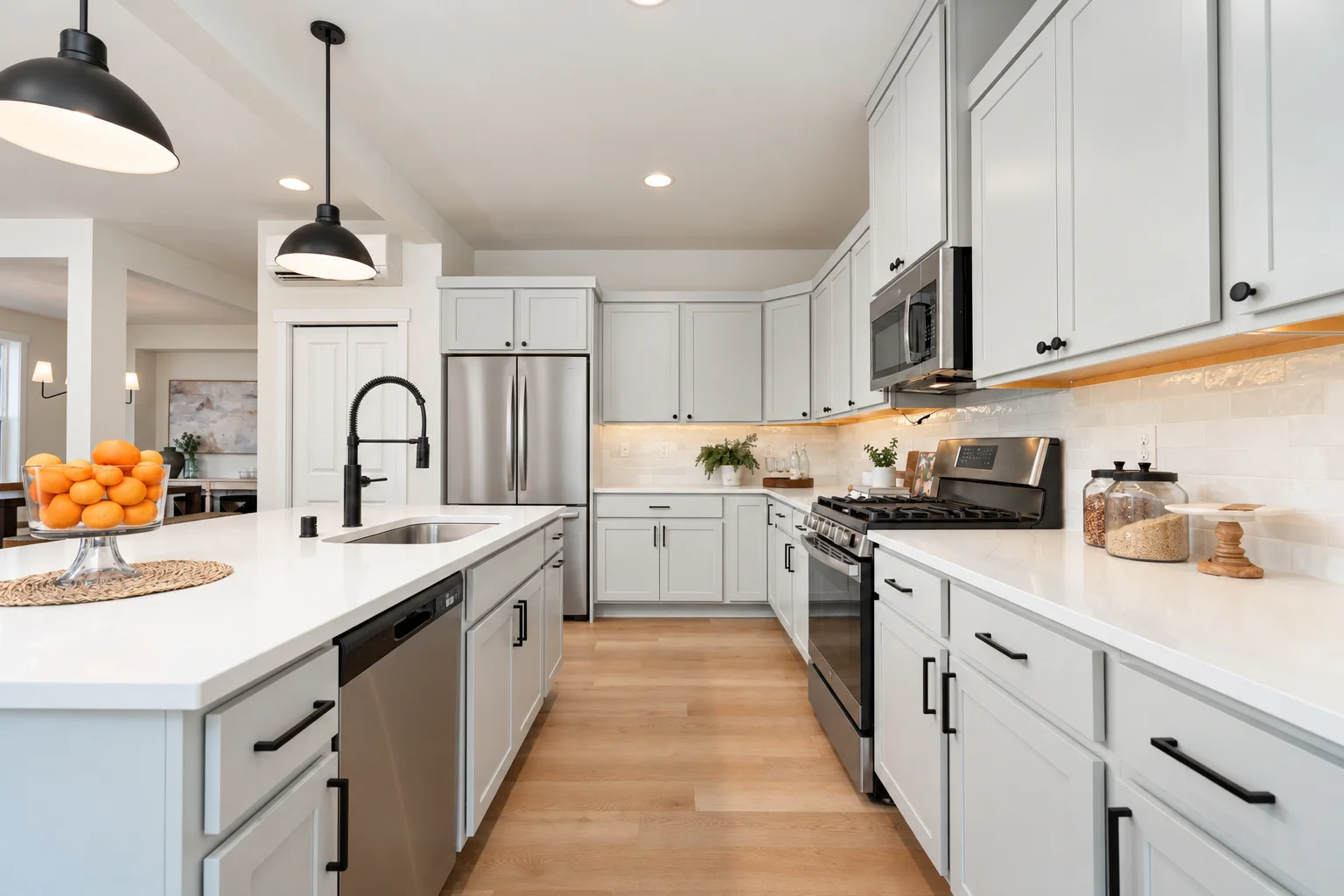 Kitchen run with slab drawers in Cloud, black faucet and stainless appliances, northwest Washington