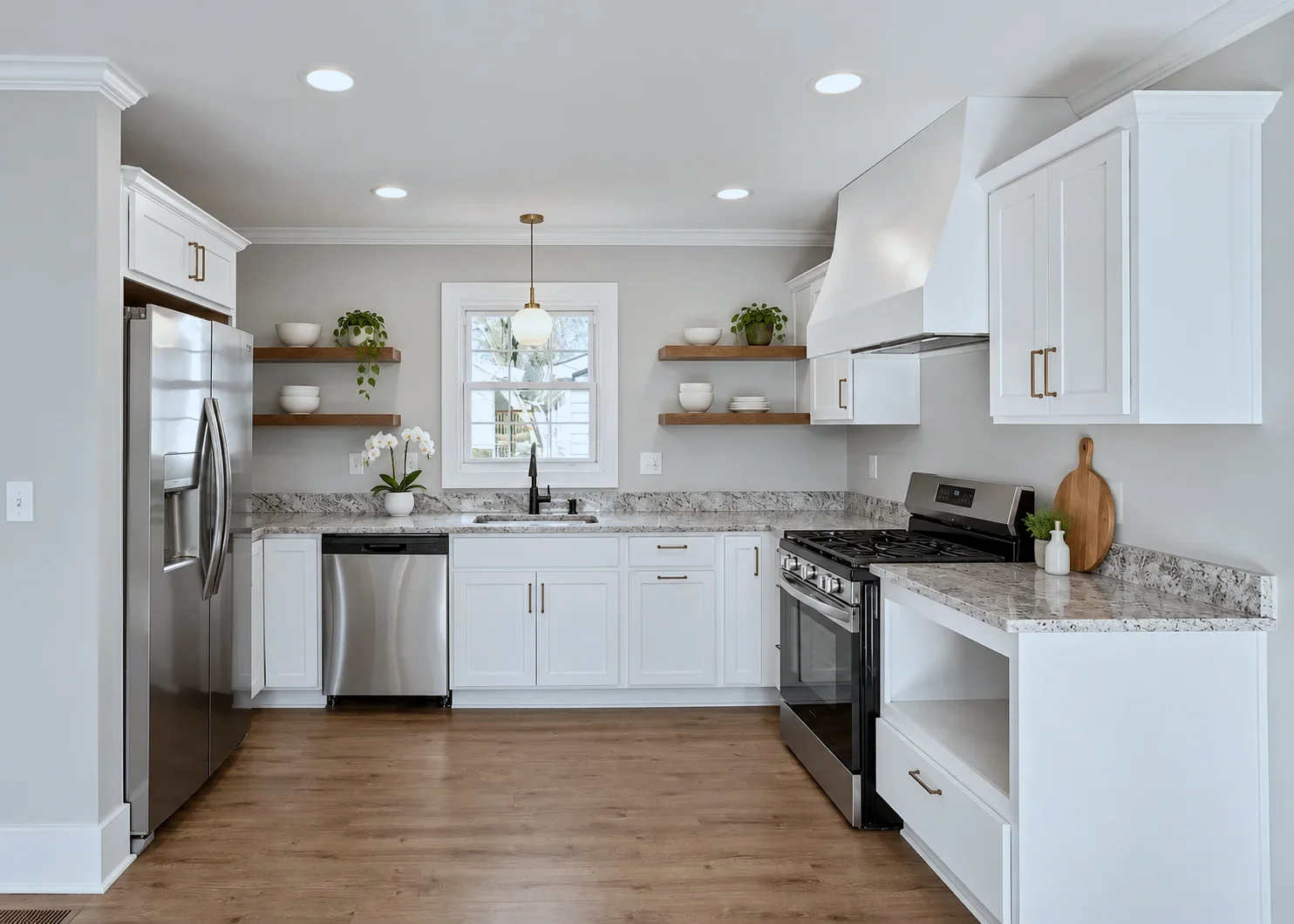 Barbados stained floating shelves against Alabaster Bristol cabinets, Taylors SC kitchen
