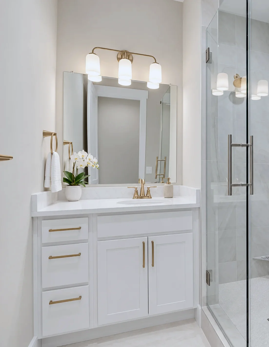 Guest bath vanity in Alabaster with brass sconces and glass shower, Taylors SC