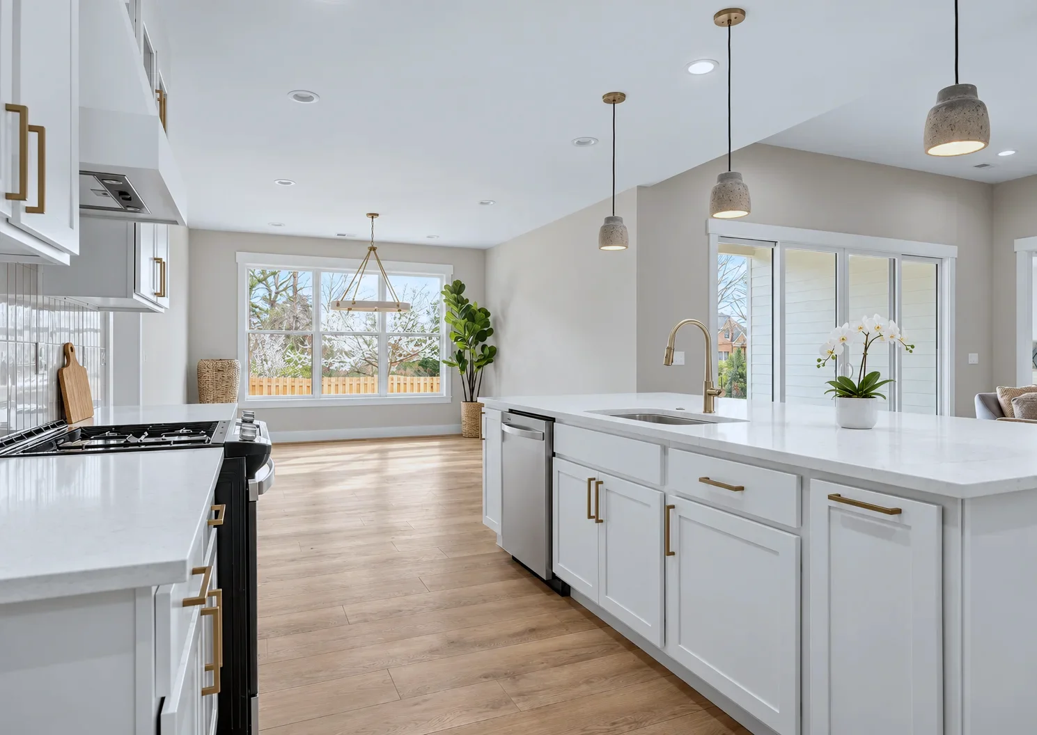 Kitchen run with black range and Alabaster cabinets looking to the dining area, Taylors SC