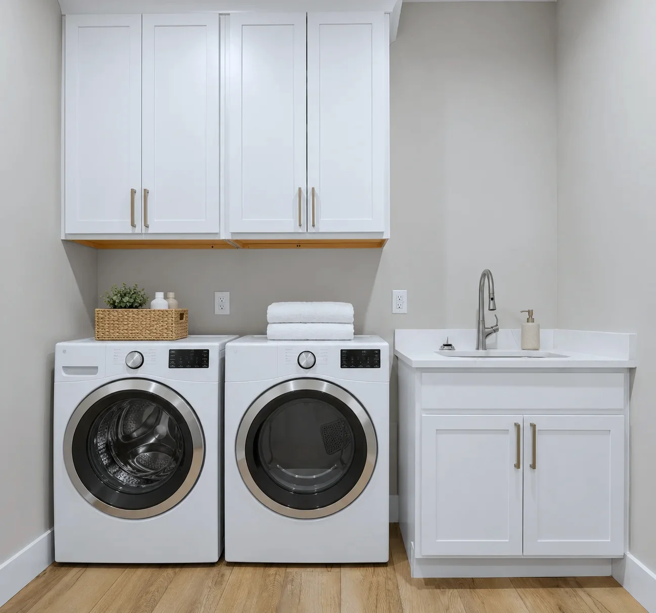 Laundry room with Alabaster uppers, wood shelf and utility sink, Taylors SC new construction