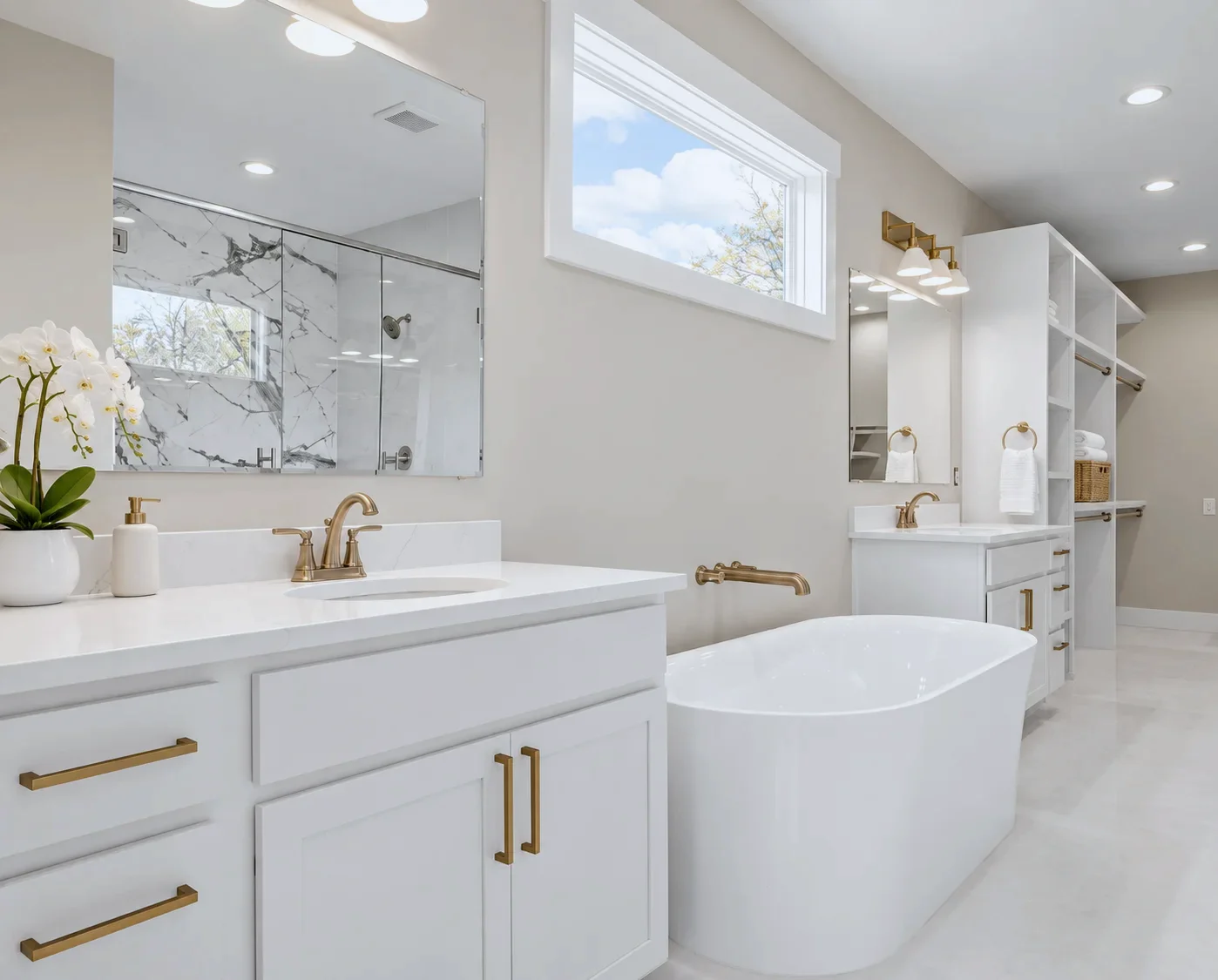 Primary bath with Alabaster vanity, freestanding tub and open shelves, Taylors SC new construction