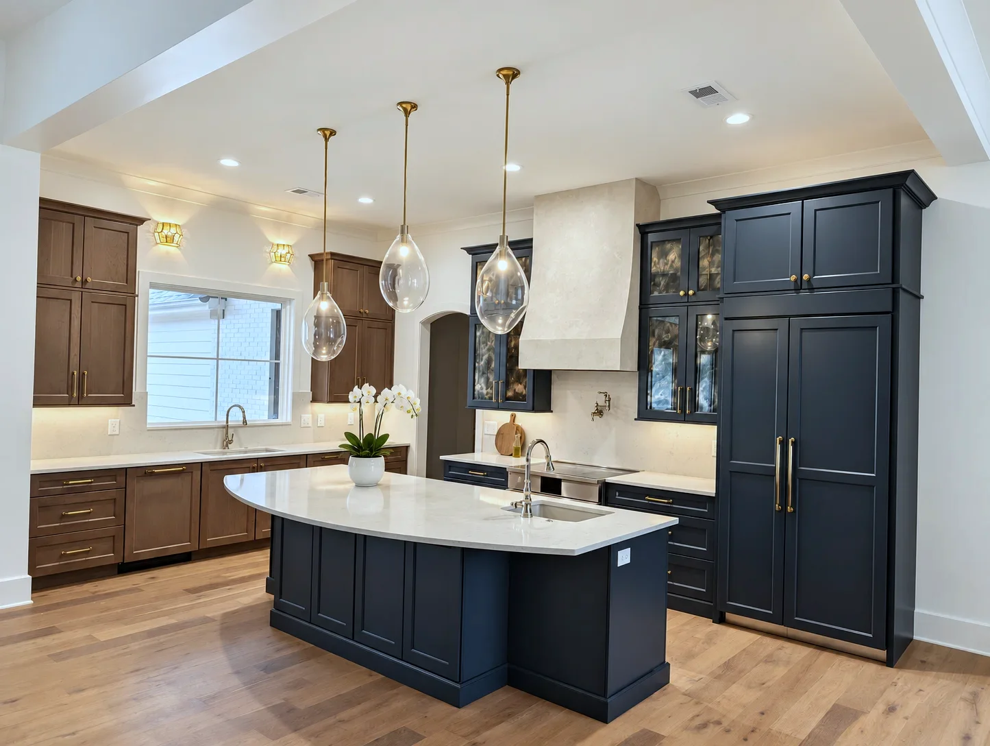 South Carolina custom home kitchen with Custom Blue island and Element on Cherry cabinets